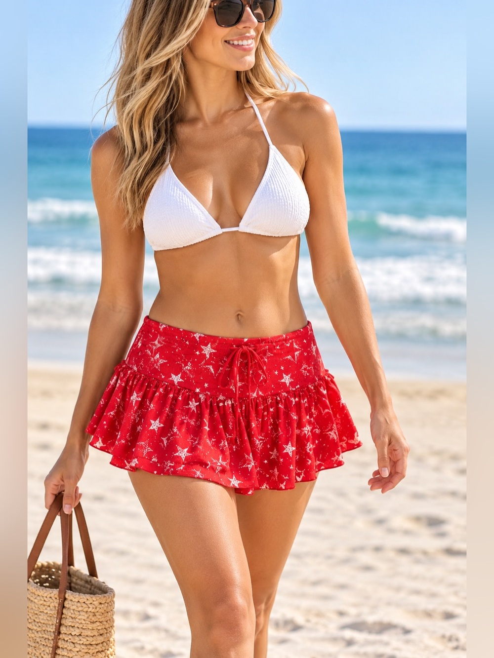Hurley Red Star Print Ruffled Mini Skirt Swim one size
